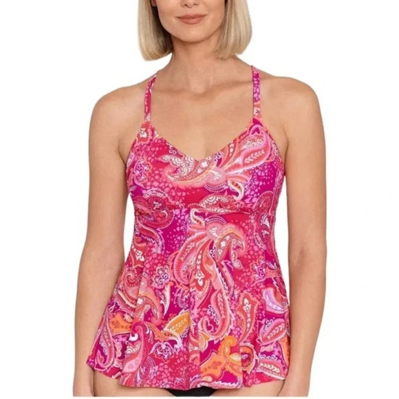 Swim Solutions Underwire V Neck Paisley Tankini Swim Top Pink Size 10 NWT - Picture 11 of 11